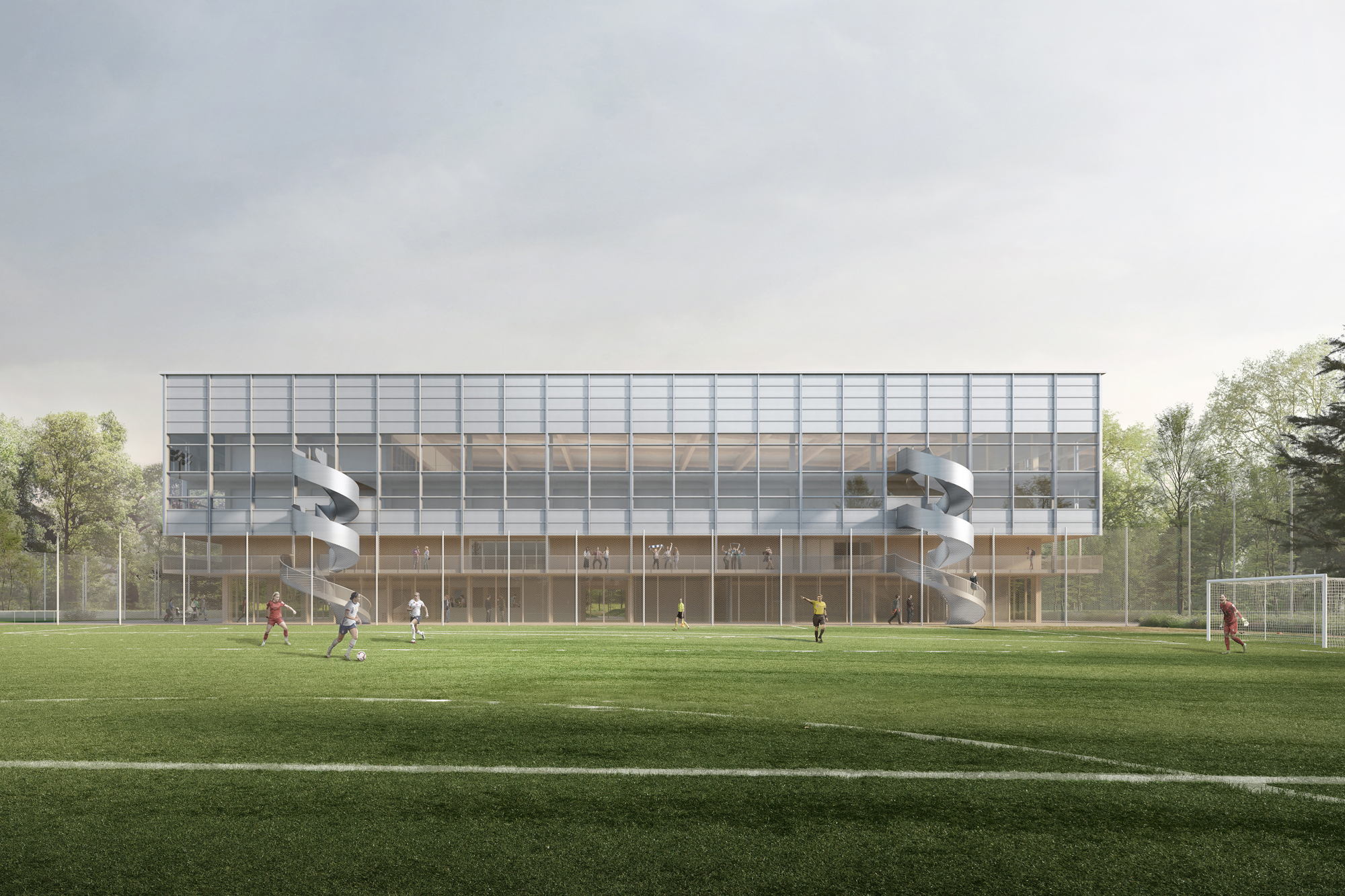 Visualisierung Sportzentrum Witikon Siegerprojekt DIEGO ‒ Blick auf das neue Sportzentrum mit Rasensportanlage (Visualisierung: Filippo Bolognese Images, Mailand IT, Zürich)